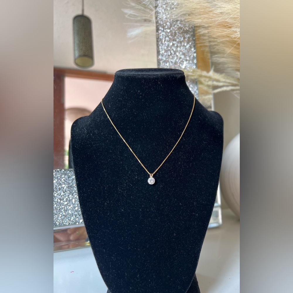 18K Solid Gold Dainty Solitaire Necklace • Adjustable 14–19 in - Picture 2 of 16